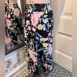 Black Floral Tiered Maxi Skirt with Pink & Yellow Blooms